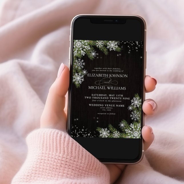 Dark Black Rustic Silver Winter Greenery Wedding Invitation (Creator Uploaded)