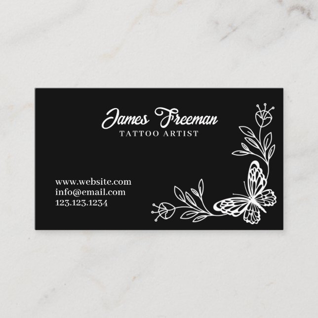 Dark Black & White Butterfly Flower Tattoo Artist Business Card (Front)