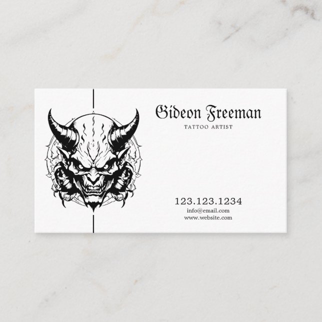 Dark Black & White Demon Tattoo Artist Business Card (Front)