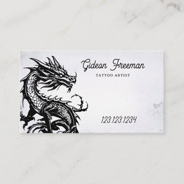 Dark Black & White Dragon Tattoo Shop Business Card (Front)