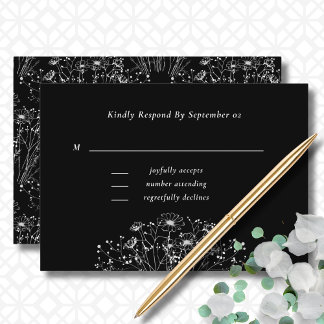 Dark Black White Floral Minimal Wedding RSVP