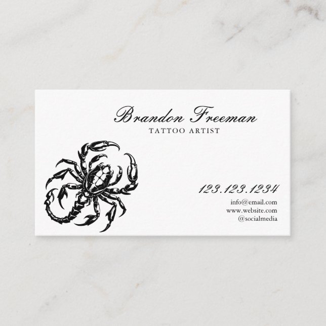 Dark Black & White Scorpion Tattoo Artist  Business Card (Front)