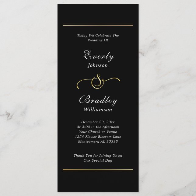 Dark Black White Script Elegant Minimal Wedding  Programme (Front)