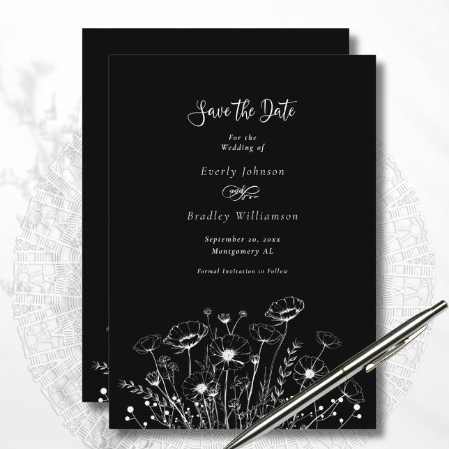 Dark Black White Wildflower Save the Date Wedding  Invitation (Creator Uploaded)