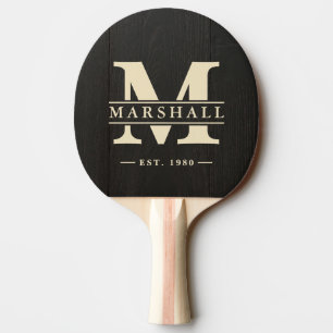 Dark Black Wood Monogram & Name Overlay Ping Pong Paddle