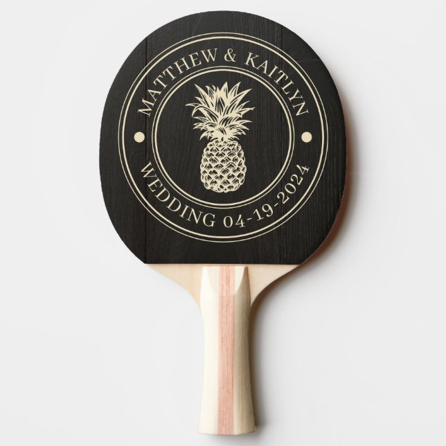 Dark Black Wood Pineapple Wedding Names Ping Pong Paddle (Back)