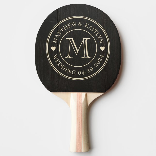 Dark Black Wood Wedding Monogram Heart Ping Pong Paddle (Front)