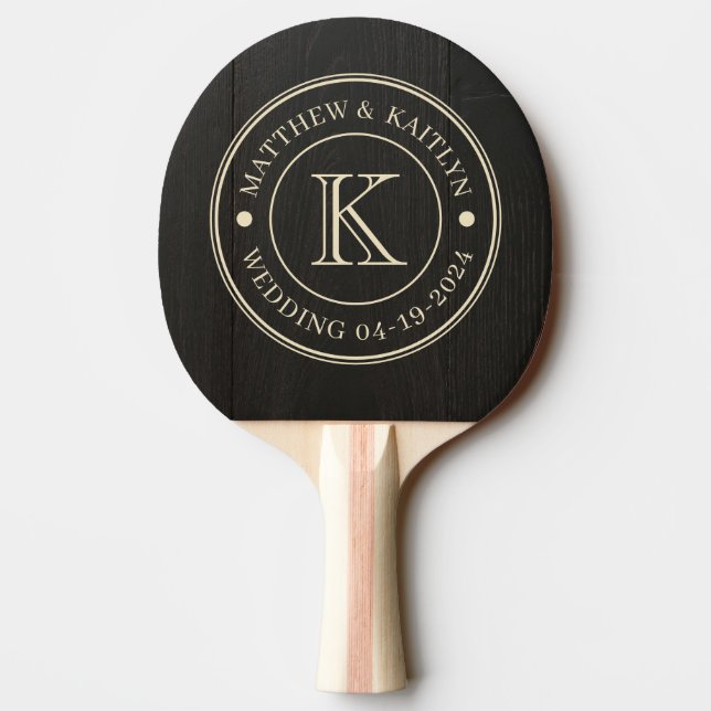 Dark Black Wood Wedding Monogram Ping Pong Paddle (Back)