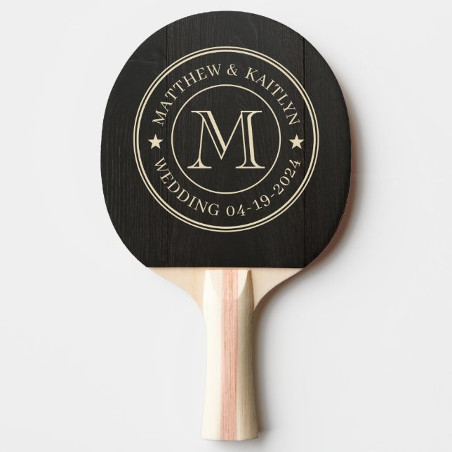 Dark Black Wood Wedding Monogram Star Ping Pong Paddle (Front)