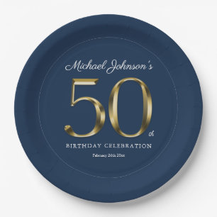 Dark Blue 50th Birthday Solid Gold Typography  Paper Plate