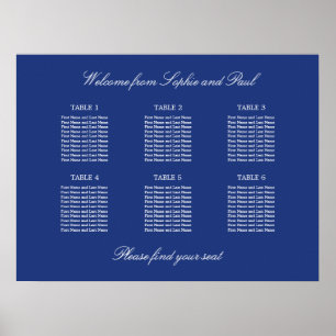 Dark Blue 6 Table Wedding Seating Chart Poster