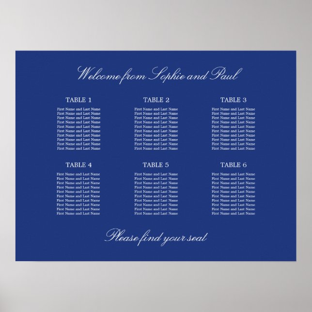 Dark Blue 6 Table Wedding Seating Chart Poster (Front)