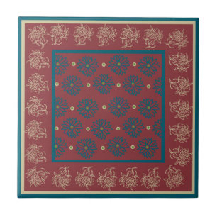 Dark Blue and Beige Floral Pattern on Deep Red Tile