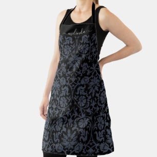 Dark Blue and Black Floral Damask Apron