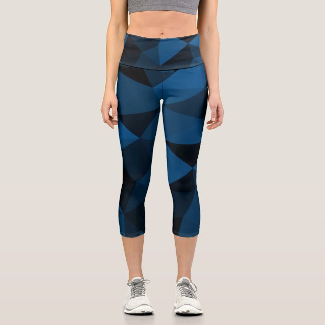 Dark blue and black geometric mesh pattern capri leggings (Front)