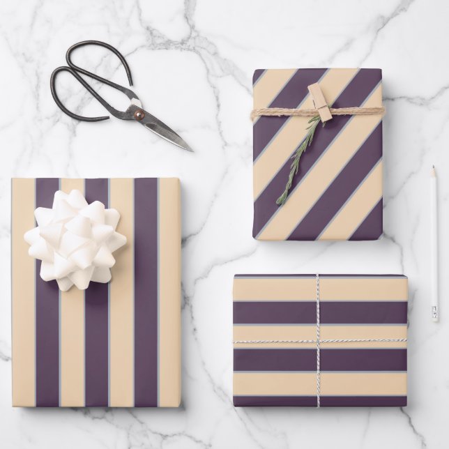 Dark blue and blush line stripes pattern wrapping paper sheet (Front)
