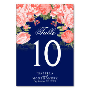 Dark Blue and Coral Flowers Table Cards