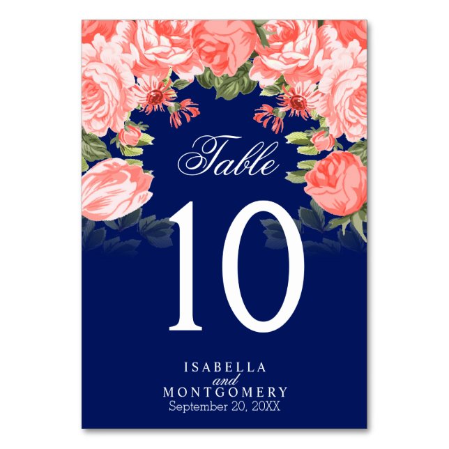 Dark Blue and Coral Flowers | Table Cards (Back)