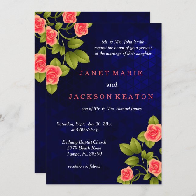 Dark Blue and Coral Rose Flower Wedding Invitation (Front/Back)