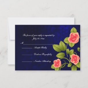 Dark Blue and Coral Rose Flower Wedding RSVP Card