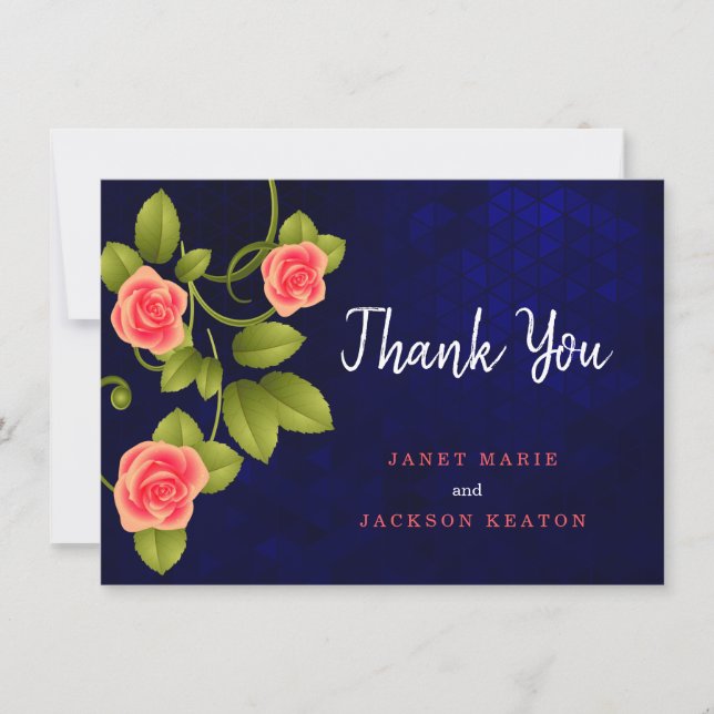Dark Blue and Coral Rose Wedding Thank You Card (Front)