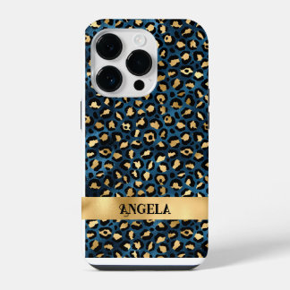 Dark Blue and Gold Leopard Glamourous iPhone 14 Pro Case
