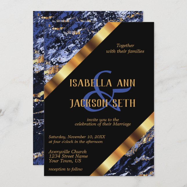 Dark Blue and Gold Marble Invitation (Front/Back)