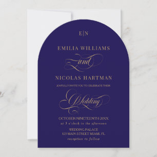 Dark Blue and Gold Monogram Elegant Wedding Invitation