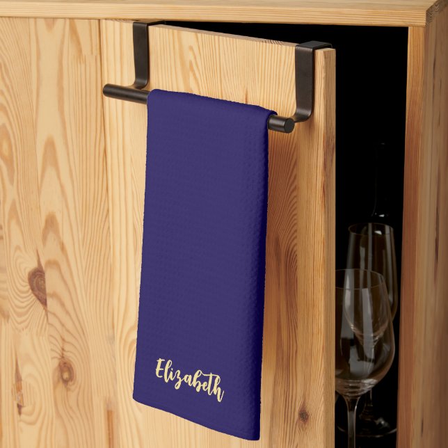 Dark Blue And Gold Trendy Script Name Elegant Tea Towel (Thirds Fold)