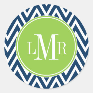 Dark Blue and Green Chevrons Monogram Classic Round Sticker
