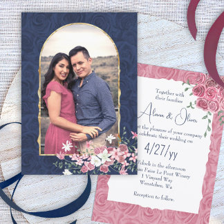 Dark Blue and Mauve Pink, Gold Arch Wedding Invitation