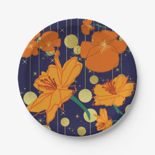 DARK BLUE AND ORANGE FLOWERS PAPER PLATE