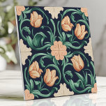 Dark Blue and Peach Arts and Crafts Tulip Tile<br><div class="desc">Transform your space with this exquisite Arts and Crafts tile featuring soft peach tulips set against a rich dark blue background. Elegant scrolling vines and symmetrical detailing add a timeless charm,  perfect for backsplashes,  accent walls,  or creating a statement piece with vintage sophistication.</div>