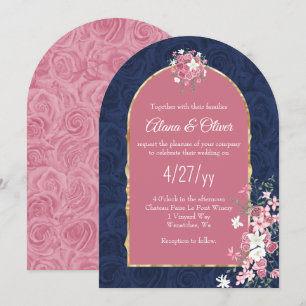 Dark Blue and Pink Rose Bouquet, Arched Wedding Invitation