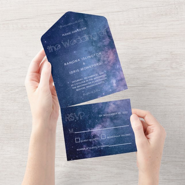 Dark Blue and Purple Galaxy Wedding All In One Invitation (Tearaway)