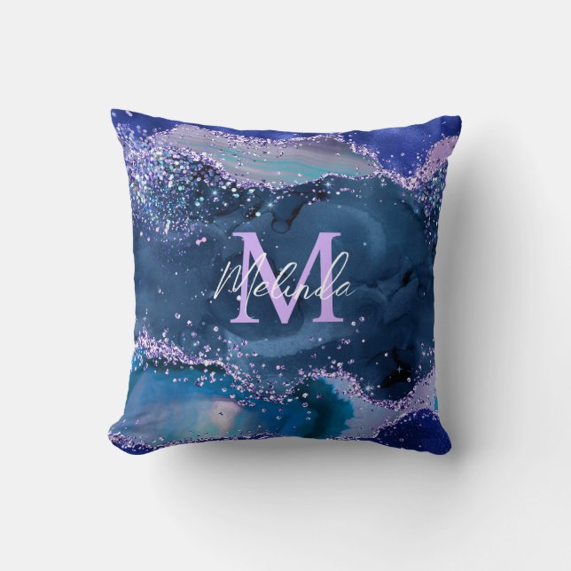Dark Blue and Purple Glitter Ocean Agate Cushion (Front)