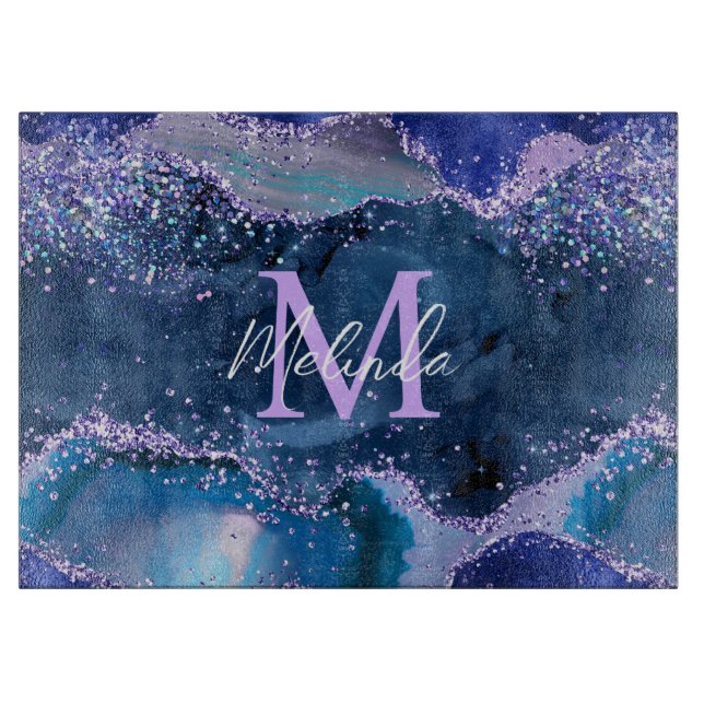 Dark Blue and Purple Glitter Ocean Agate Cutting Board (Front)