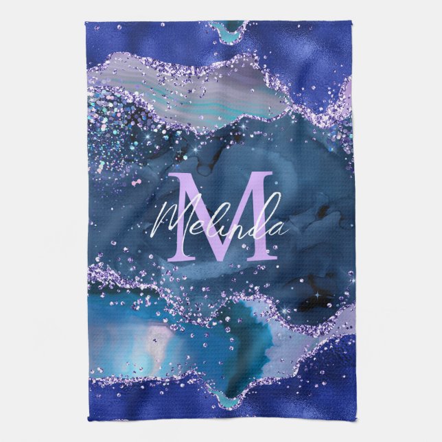 Dark Blue and Purple Glitter Ocean Agate Tea Towel (Vertical)