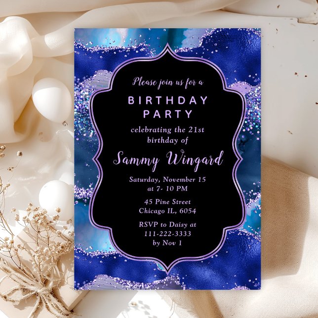 Dark Blue and Purple Ocean Agate Birthday Invitation (Creator Uploaded)