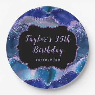 Dark Blue and Purple Ocean Agate Birthday Paper Plate