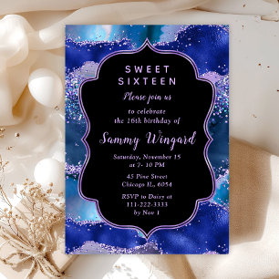 Dark Blue and Purple Ocean Agate Sweet Sixteen Invitation