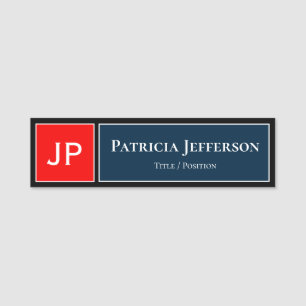 Dark Blue and Red on Black: Professional Monogram Name Tag