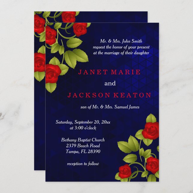 Dark Blue and Red Rose Wedding Invitation (Front/Back)