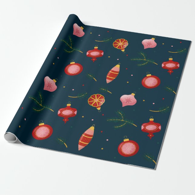 Dark Blue and Red Vintage Christmas Wrapping Paper (Unrolled)