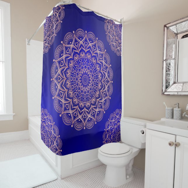 Dark Blue and Rose Gold Elegant Shower Curtain (In Situ)