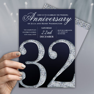 Dark Blue and Silver 32nd Wedding Anniversary Invitation