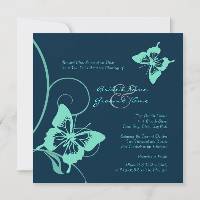 Dark Blue and Teal Butterfly Wedding Invitation (Front)