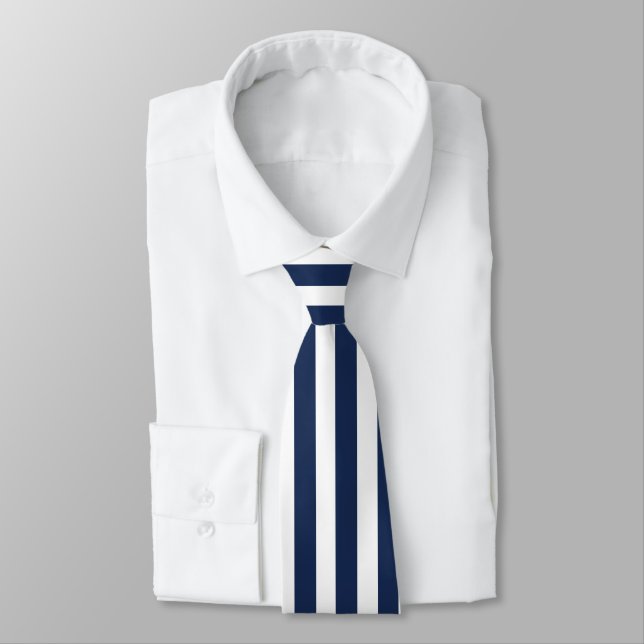 Dark Blue and White Custom Vertically-Striped Tie (Tied)