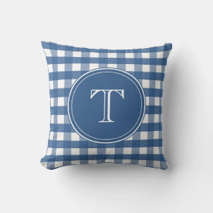 Dark Blue and White Gingham Monogram Cushion