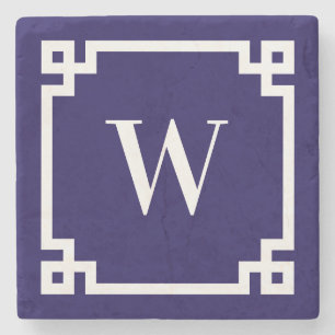 Dark Blue and White Greek Key Border Monogram Stone Coaster
